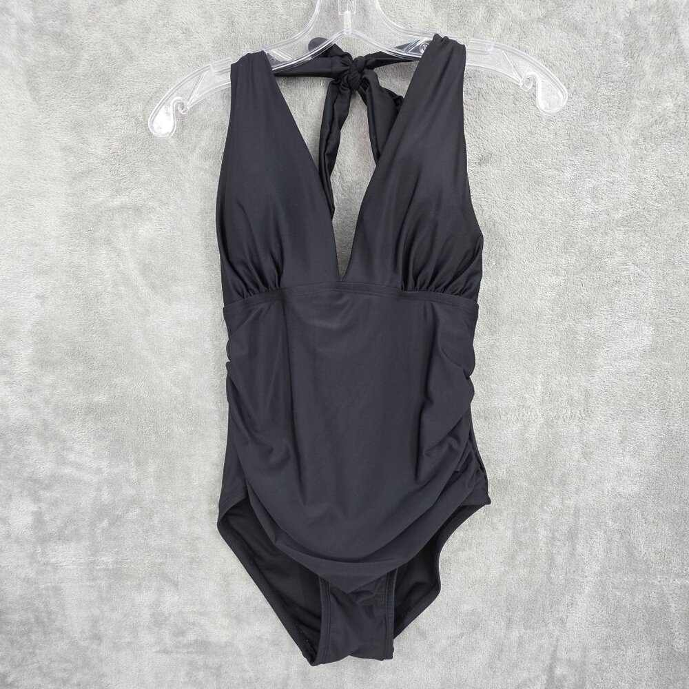 DKNY 1 Piece Swimsuit L Black Halter Ruched Tummy Control Beach Pool Vacay Solid - Picture 1 of 11